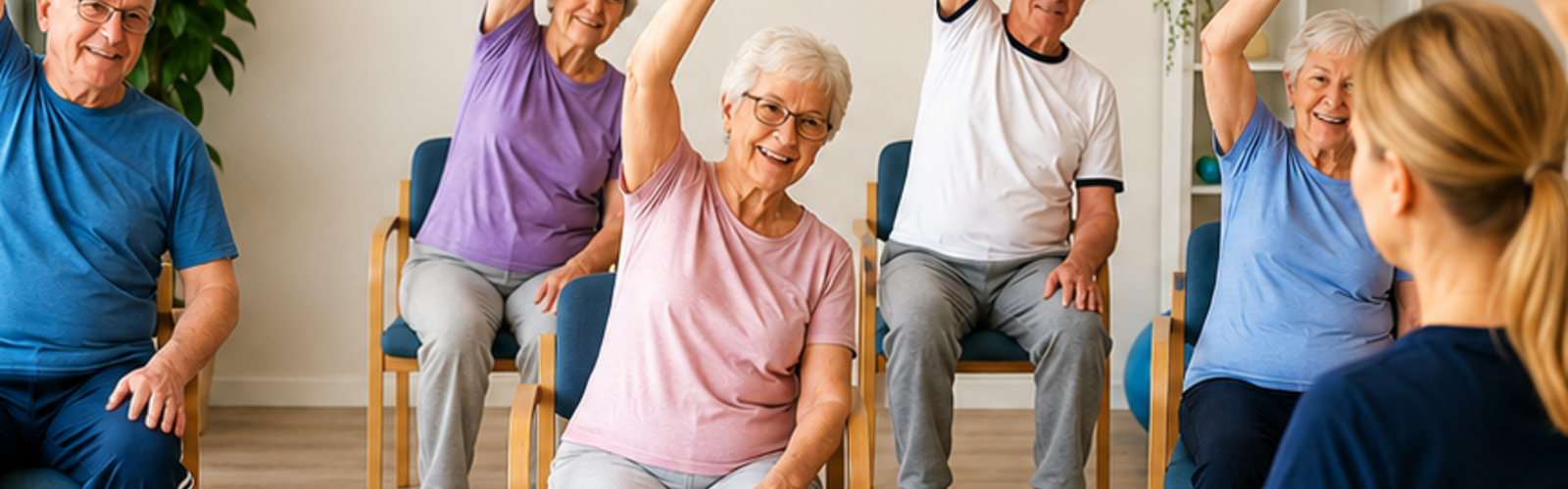 Seniorit jumppamassa istualtaan